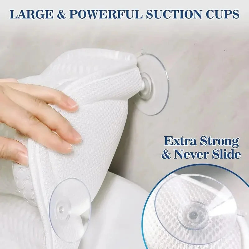 Hand attaching white suction cup bath pillow to tub with closeup of suction cups
