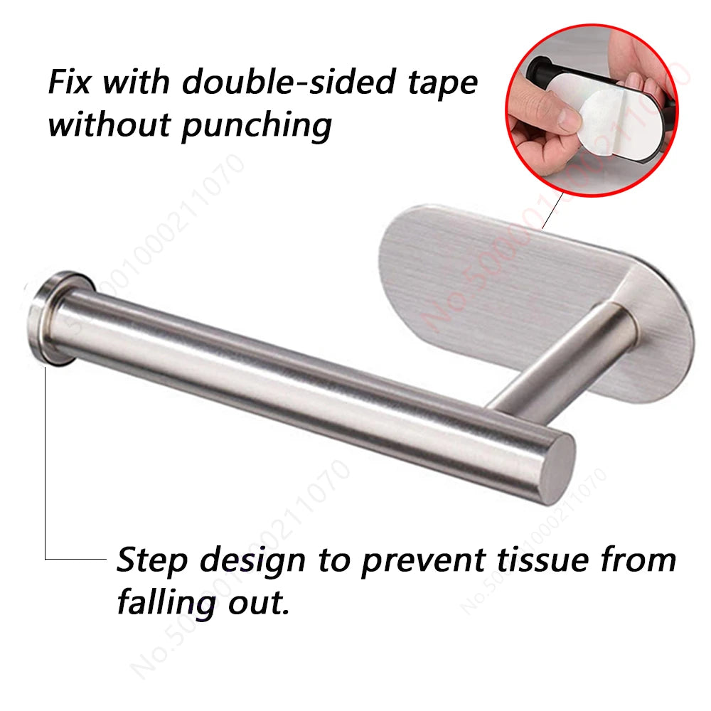 Toilet paper holder fixed to wall using double-sided adhesive tape, step design prevents tissue roll from falling