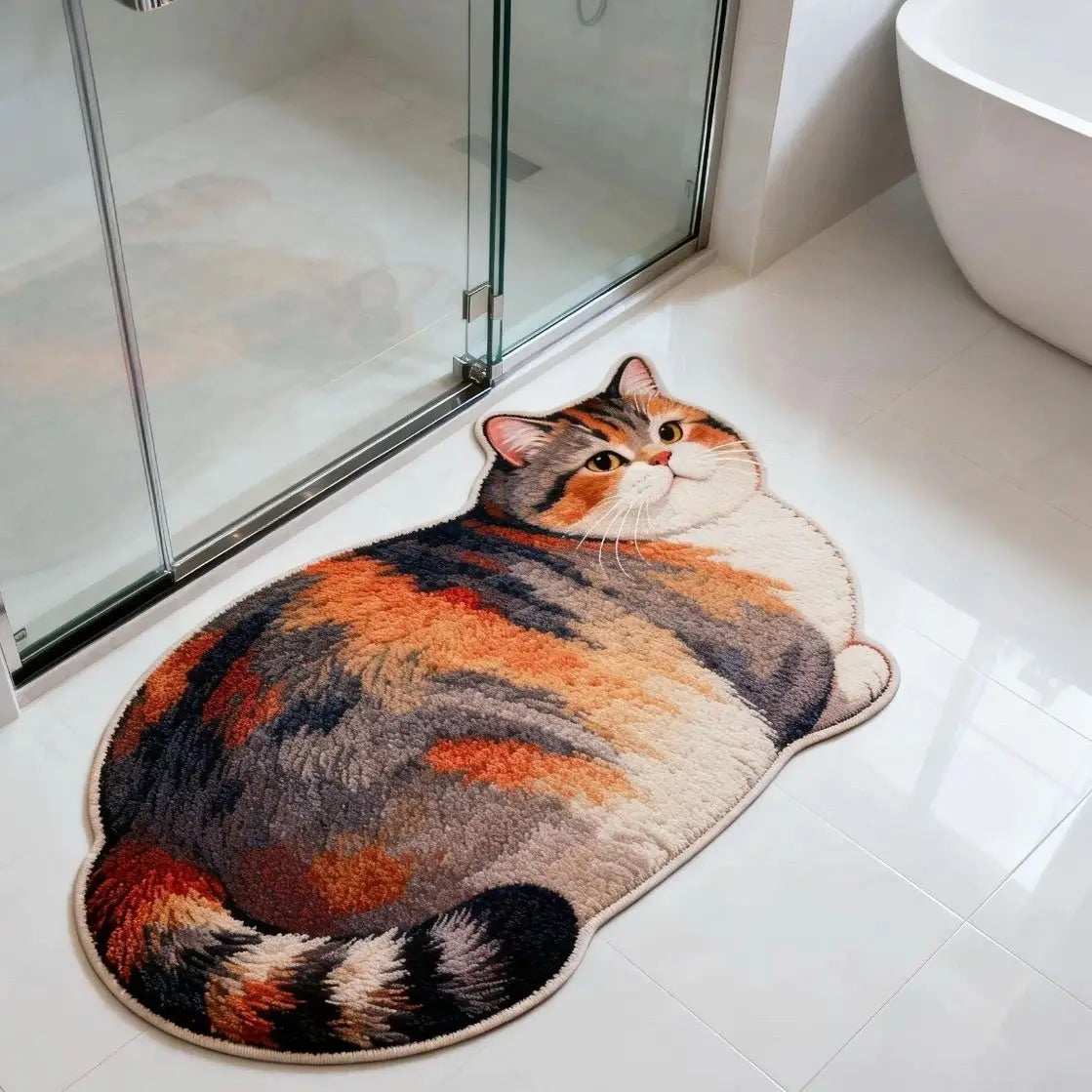 Colorful calico cat shaped bath mat in modern bathroom by shower