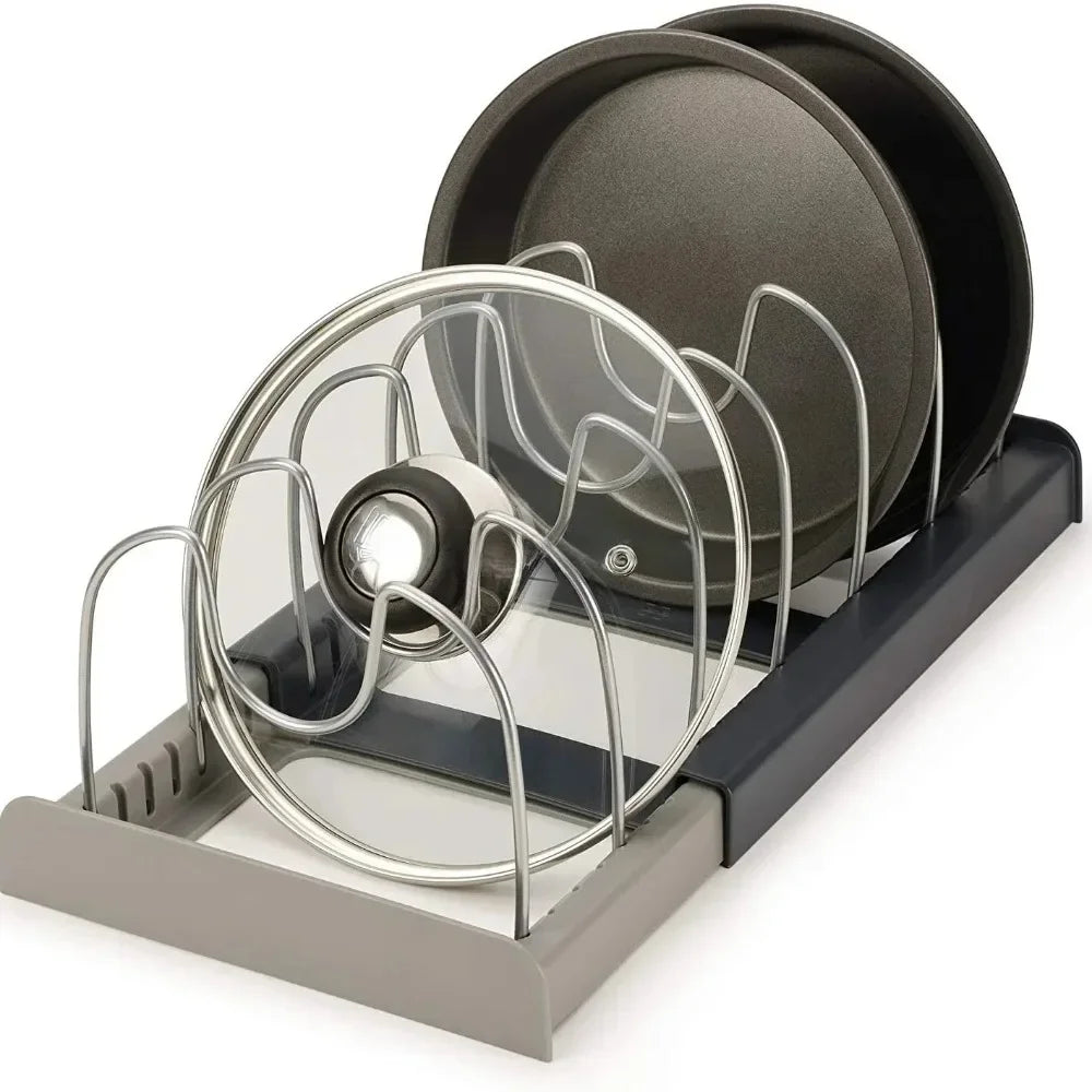 Close-up of the pot and pan organizer rack holding cookware lids and pans