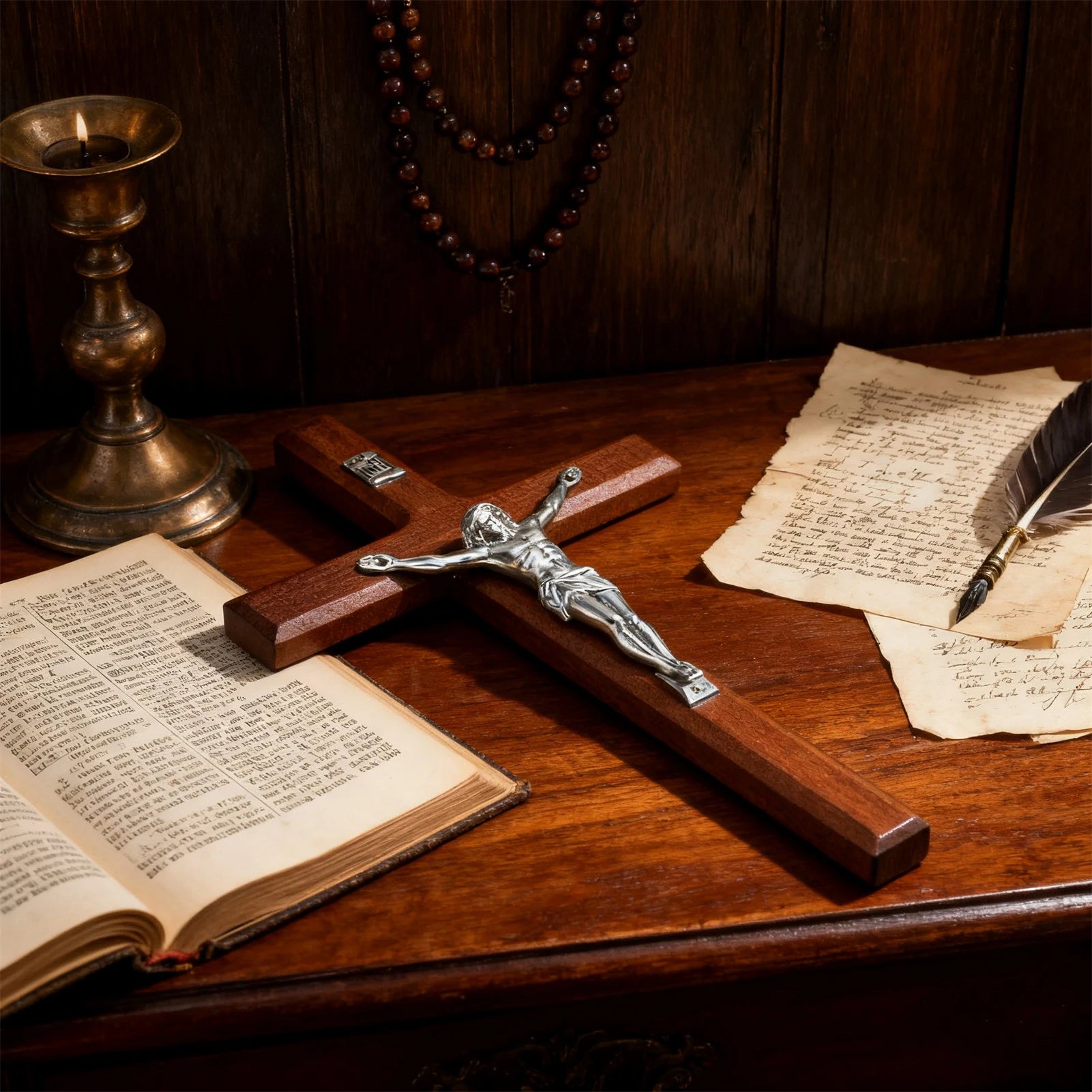wooden crucifix lying on a wooden desk with rosary, candle, and script