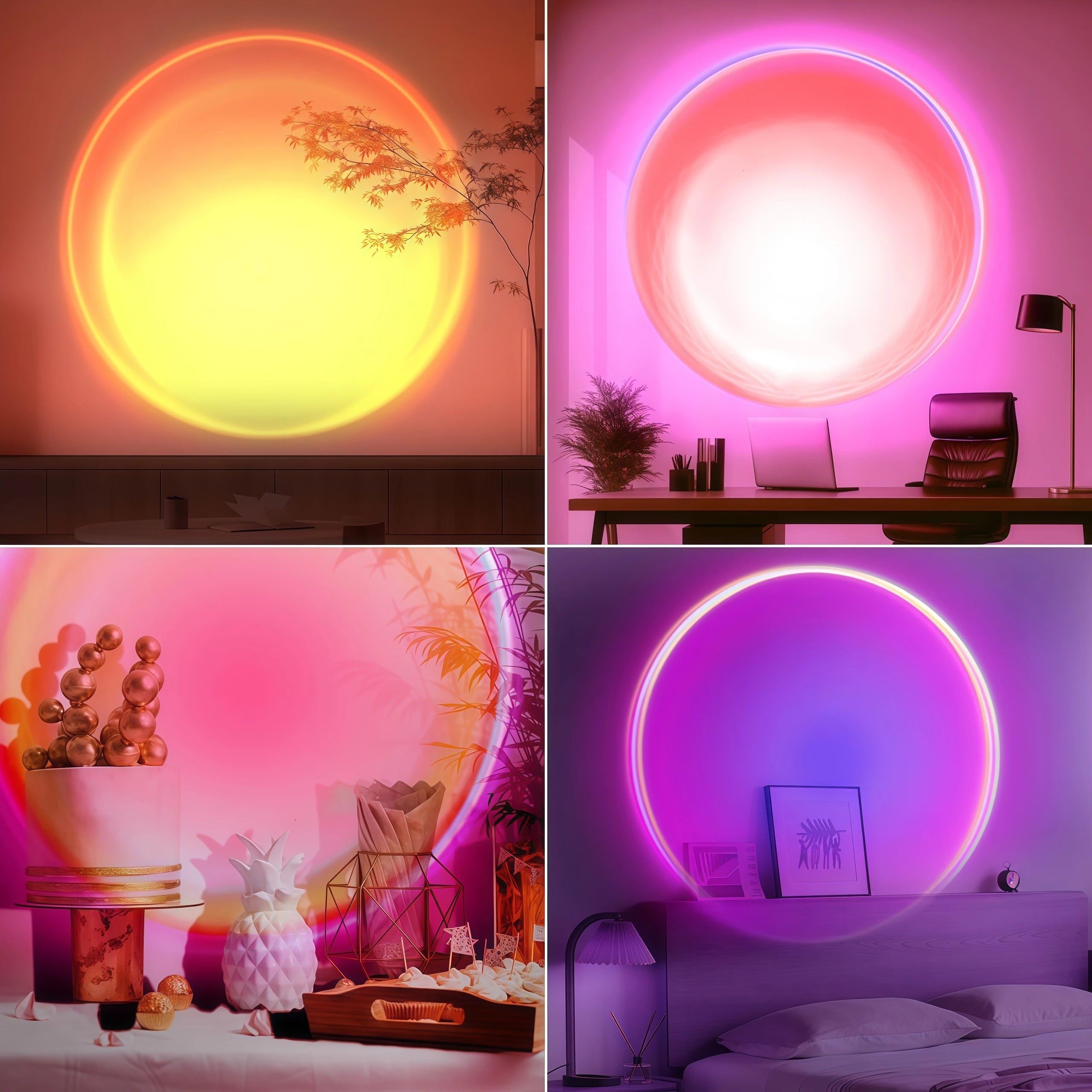 Various rooms illuminated with a sunset projection lamp in warm and pink tones, styled on desks and nightstands