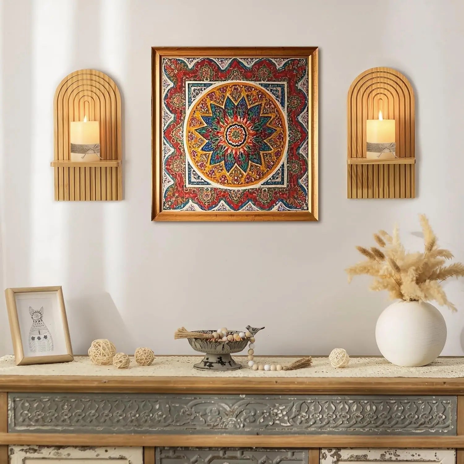 Boho wooden wall shelves flanking colorful wall art in a cozy living space