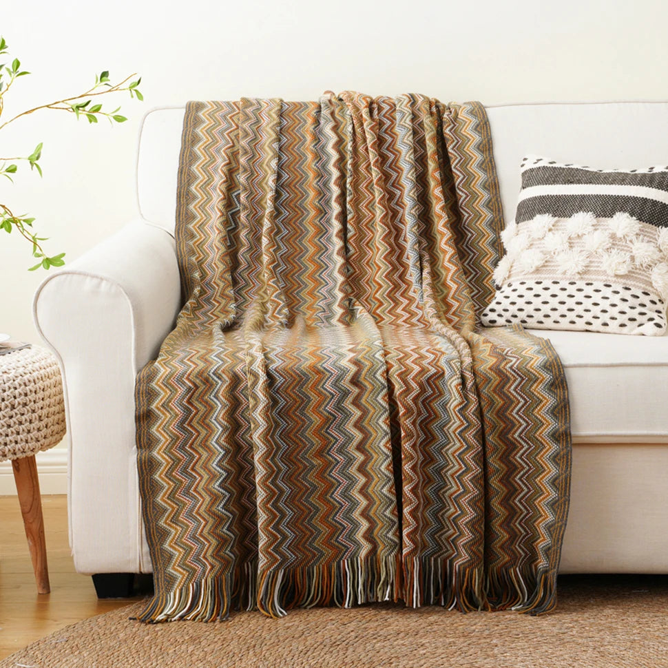 Boho Knit Throw Blanket with Tassels for Sofa or Bed