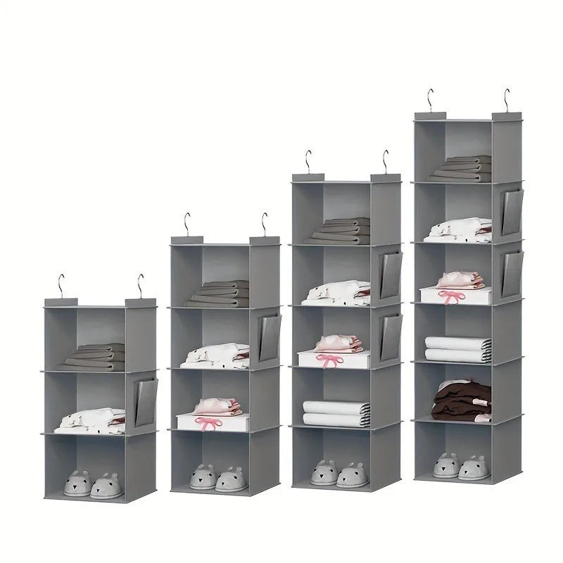 Set of hanging closet organizers in different sizes and shelf numbers, displayed together in light grey