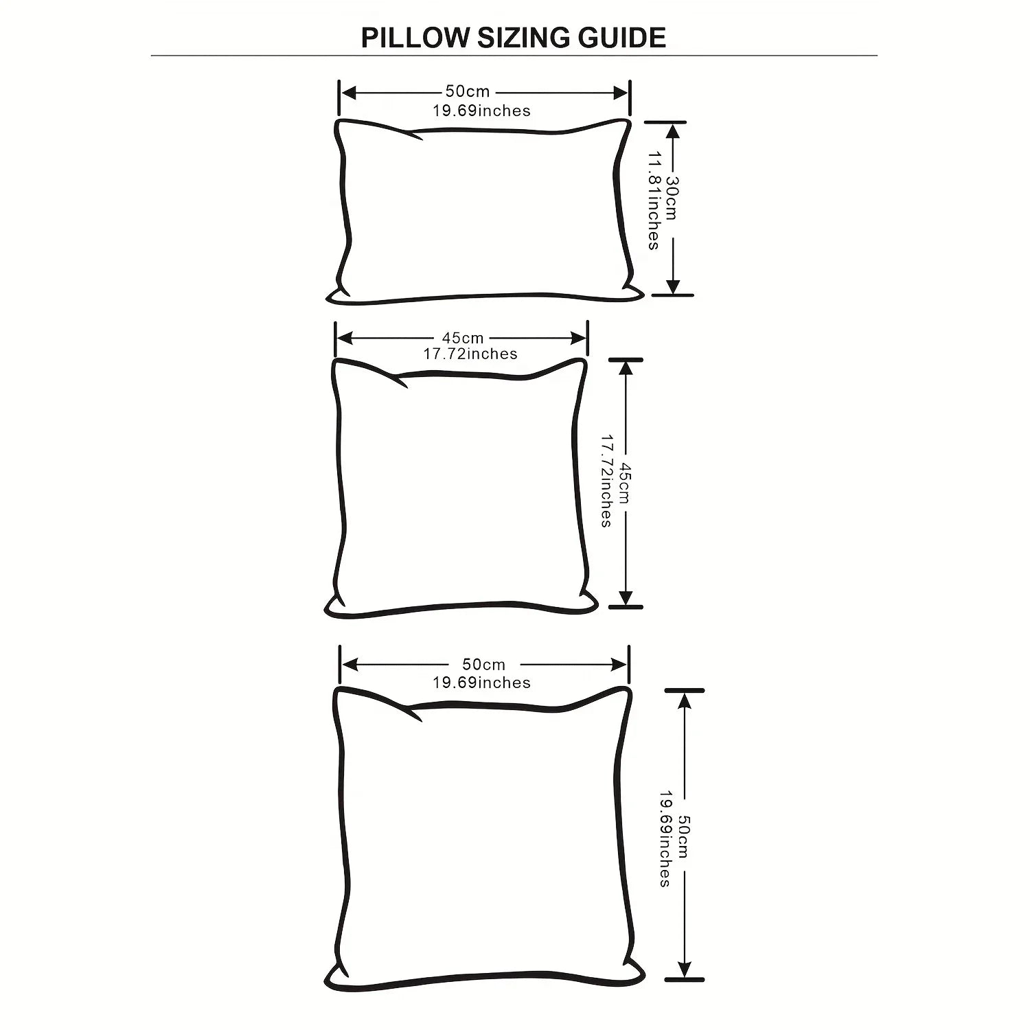 Black and white pillow sizing guide for square and lumbar covers