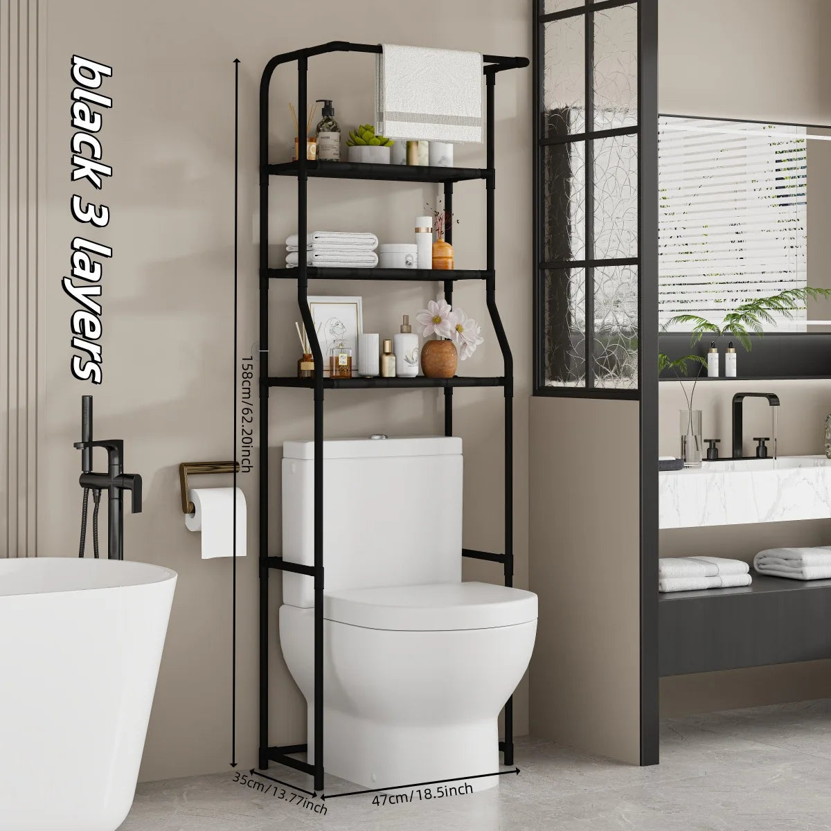 3-Tier Freestanding Over-Toilet Shelf with Towel Bar