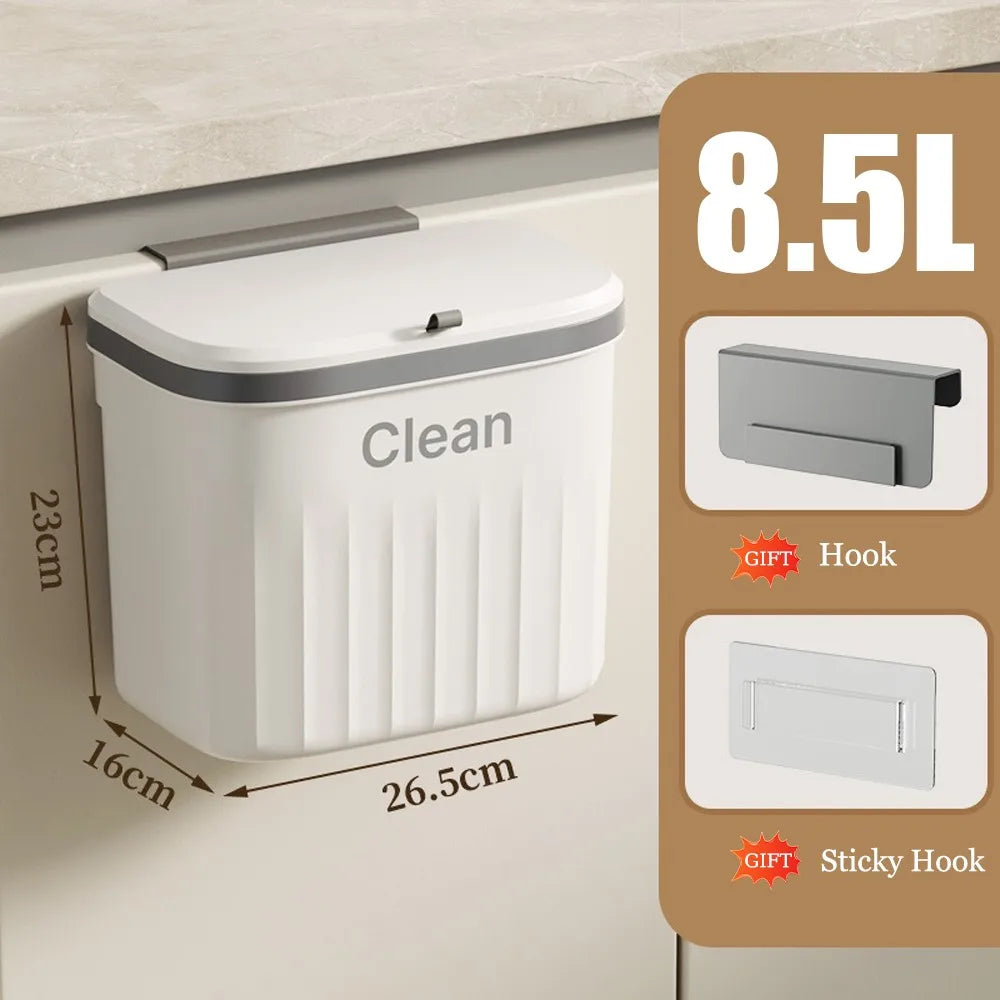 Hanging Kitchen Trash Can with Lid – 8.5L or 12L, Wall or Cabinet Mount