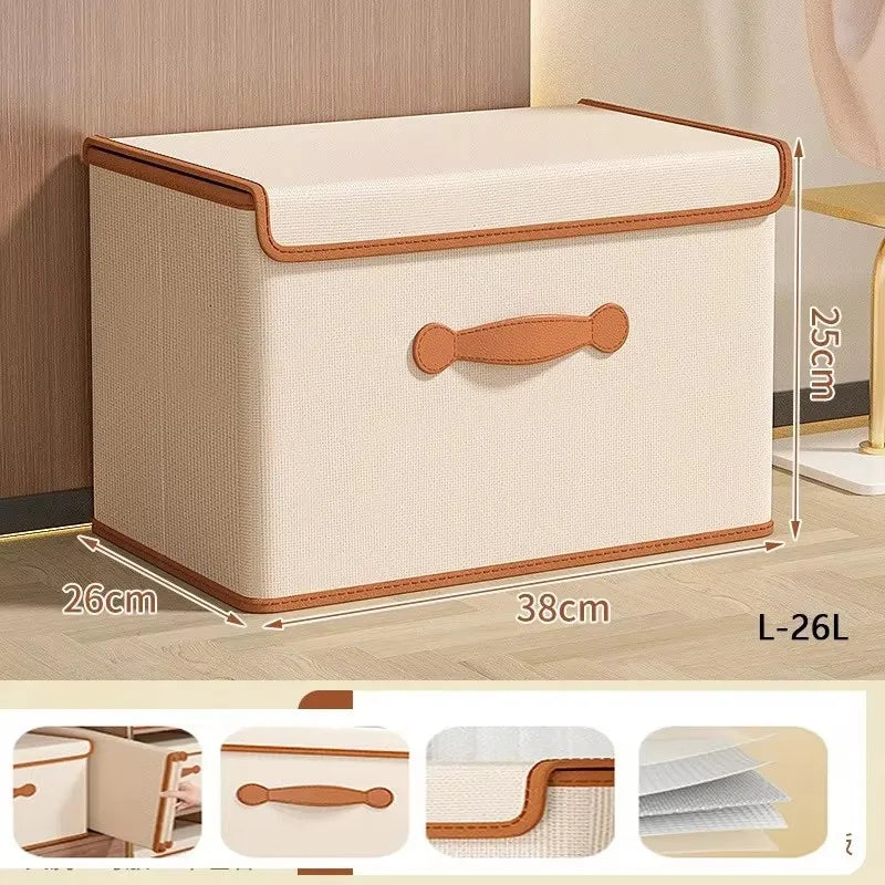 Beige Foldable Lidded Clothes Storage Box – Non-Woven Closet Organizer Bin for Wardrobe, Underwear, and Blankets