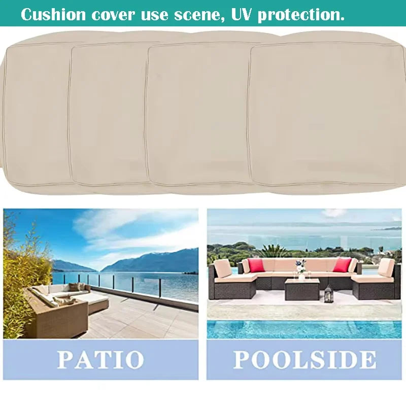 Stack of beige replacement cushion covers for patio furniture, with images of patio and poolside seating below