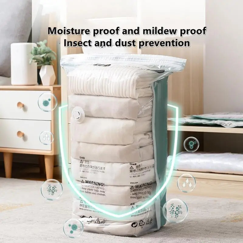Vacuum storage bag shown upright in a bedroom, with graphics for moisture, mildew, and dust protection