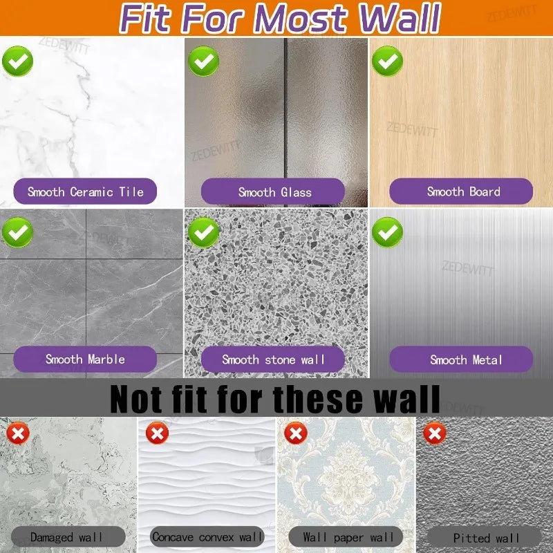 Examples of suitable and unsuitable wall surfaces for mounting the adhesive cat hook, featuring tiles, glass, marble, and more