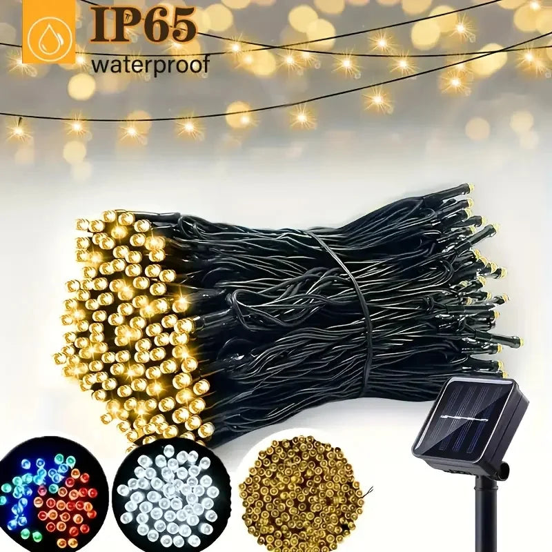 Solar LED string lights bundle with solar panel, showing warm white, blue, multicolor, and white light options