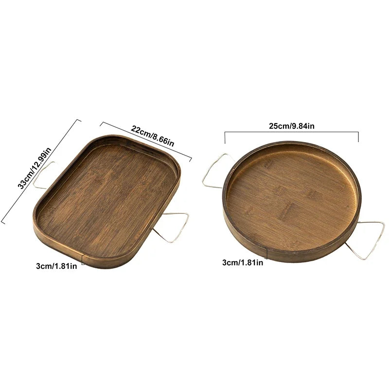 Square and round bamboo sofa armrest trays with measurements in centimeters and inches