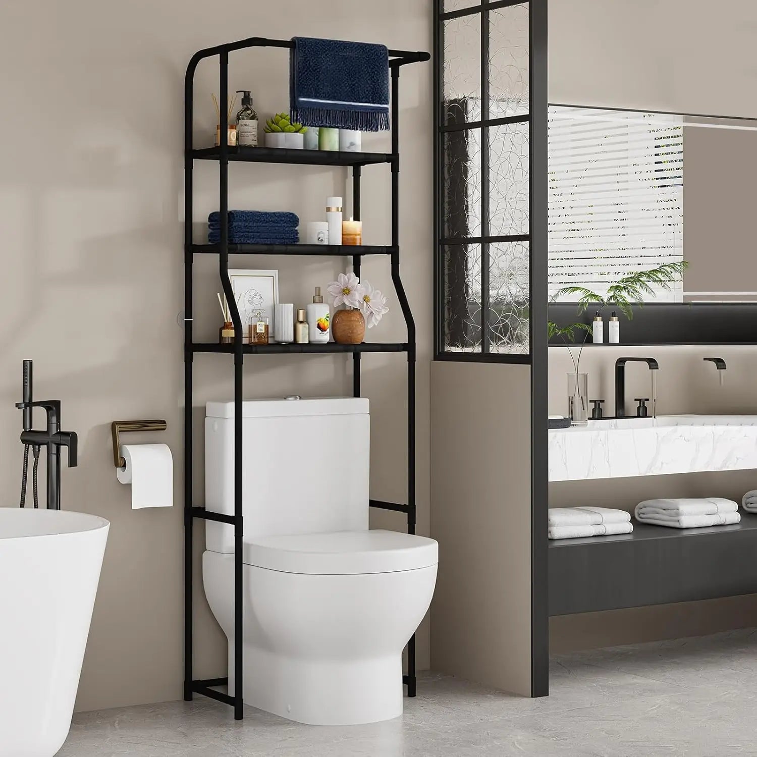 Black freestanding 3-tier over-toilet storage shelf with towel bar organized in a modern bathroom