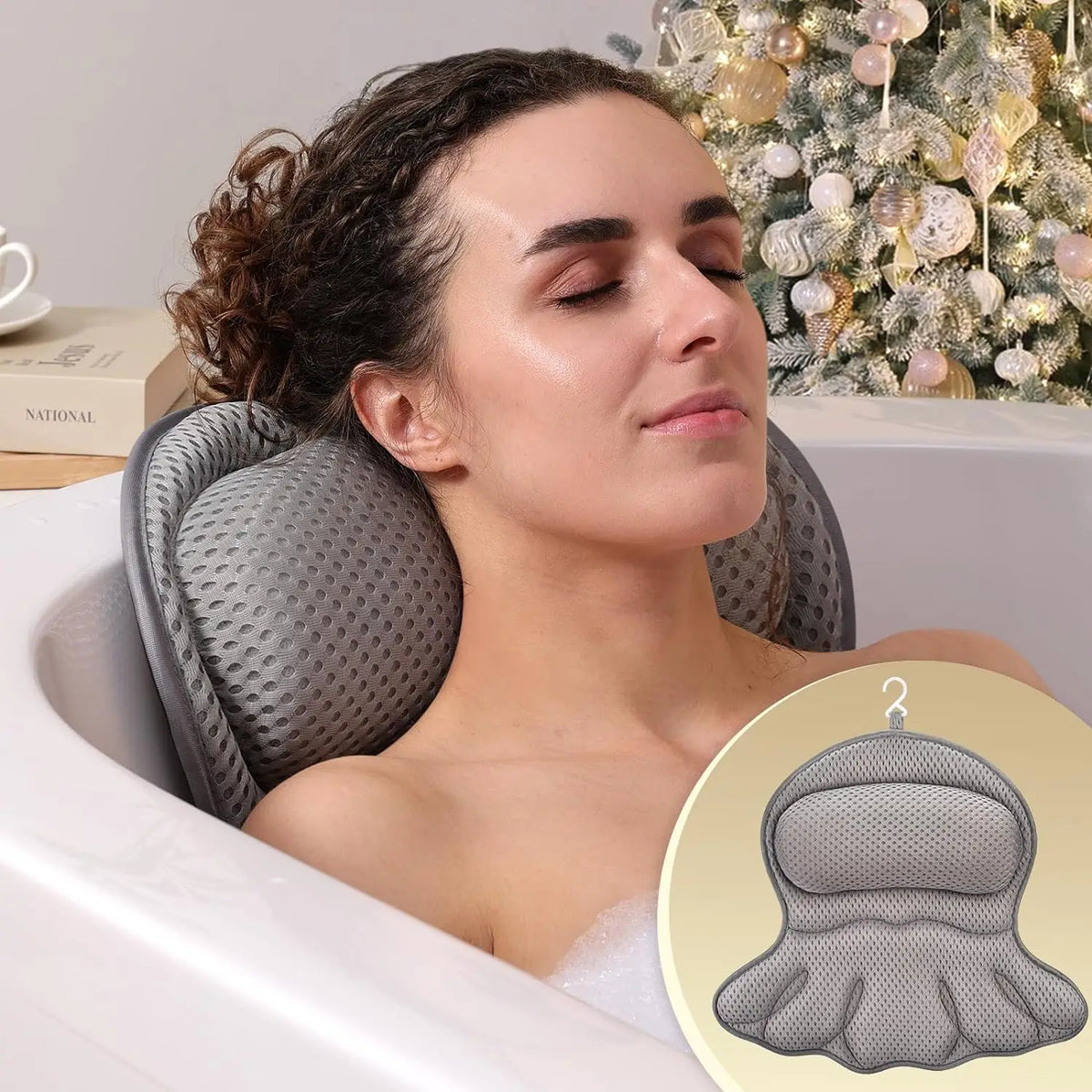 Woman relaxing with gray air mesh bath pillow in bathtub, display of product shape