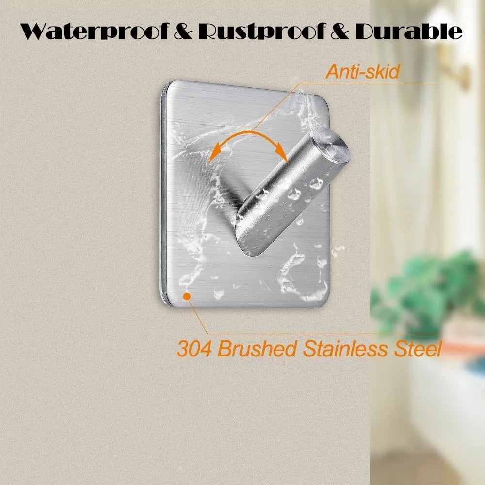 Close-up of a stainless steel adhesive hook labeled as waterproof and rustproof