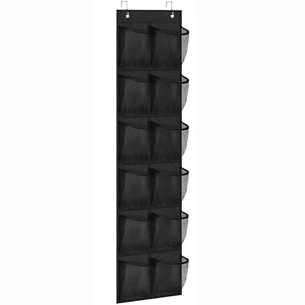 Over-Door Hanging Shoe Organizer with 12 Mesh Pockets and 2 Metal Hooks – Closet & Entryway Storage Solution