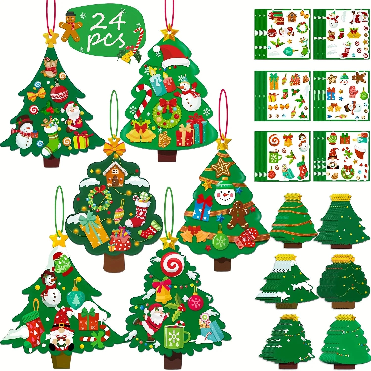 Assortment of completed Christmas tree ornaments, sticker sheets, and ornament bases