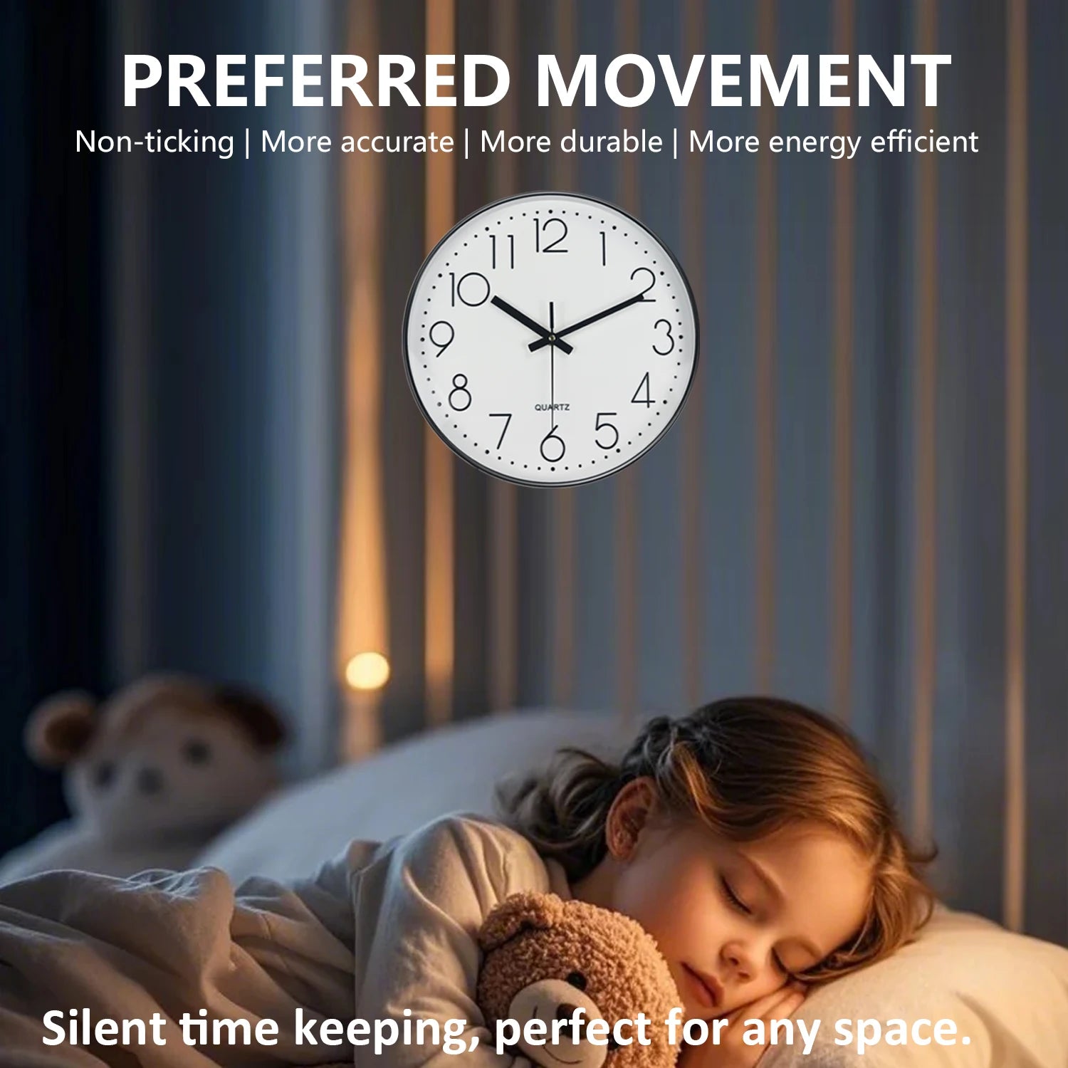 Silent non-ticking wall clock displayed above a sleeping child in a bedroom