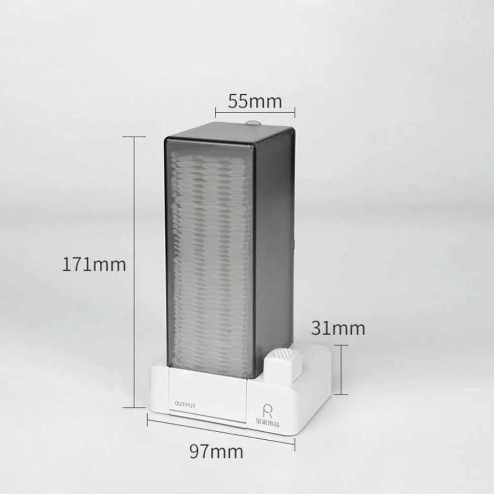 Grey automatic cotton pad dispenser with dimensions 171mm x 97mm x 55mm indicated