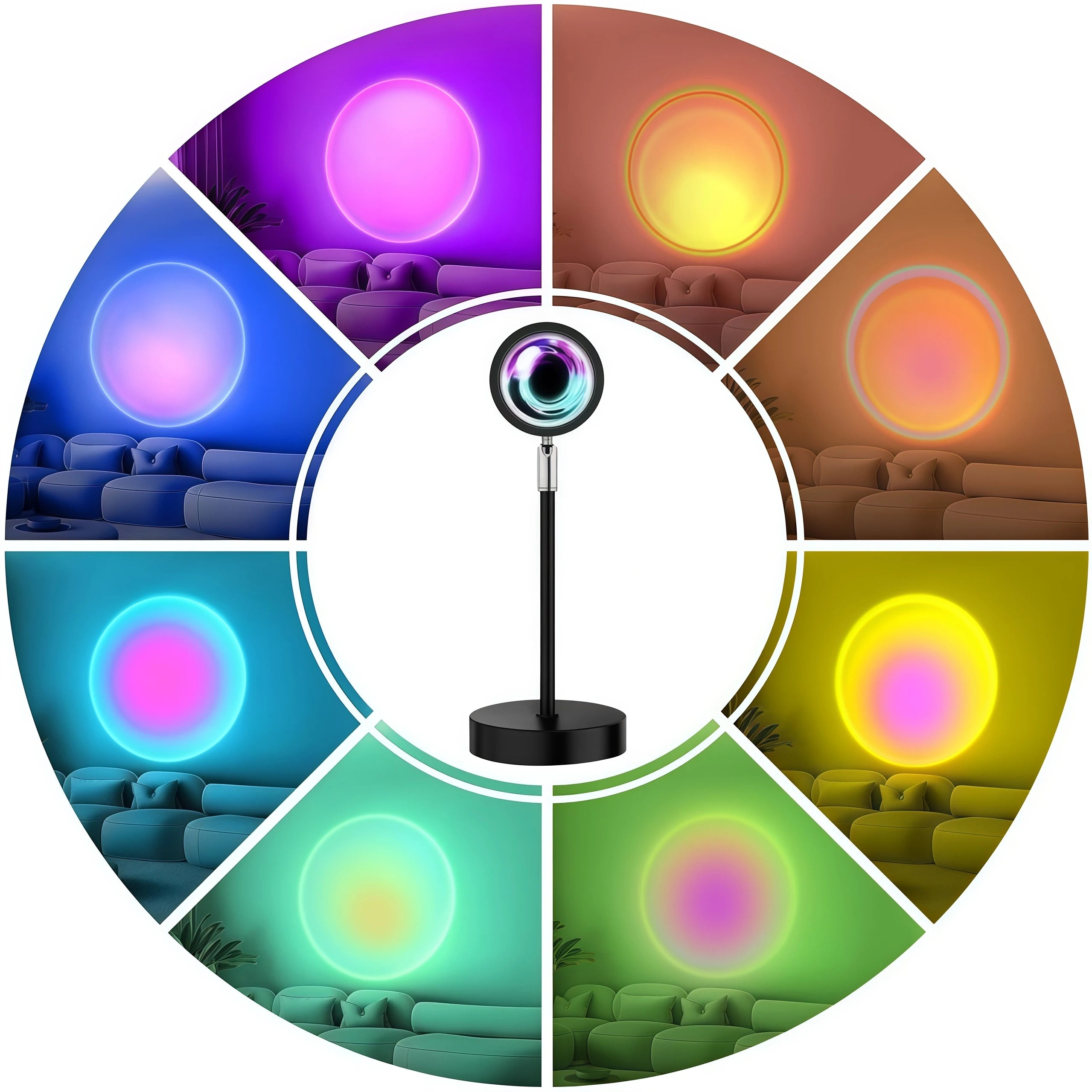 Sunset projection lamp displaying a circular arrangement of eight colorful projections on living room walls