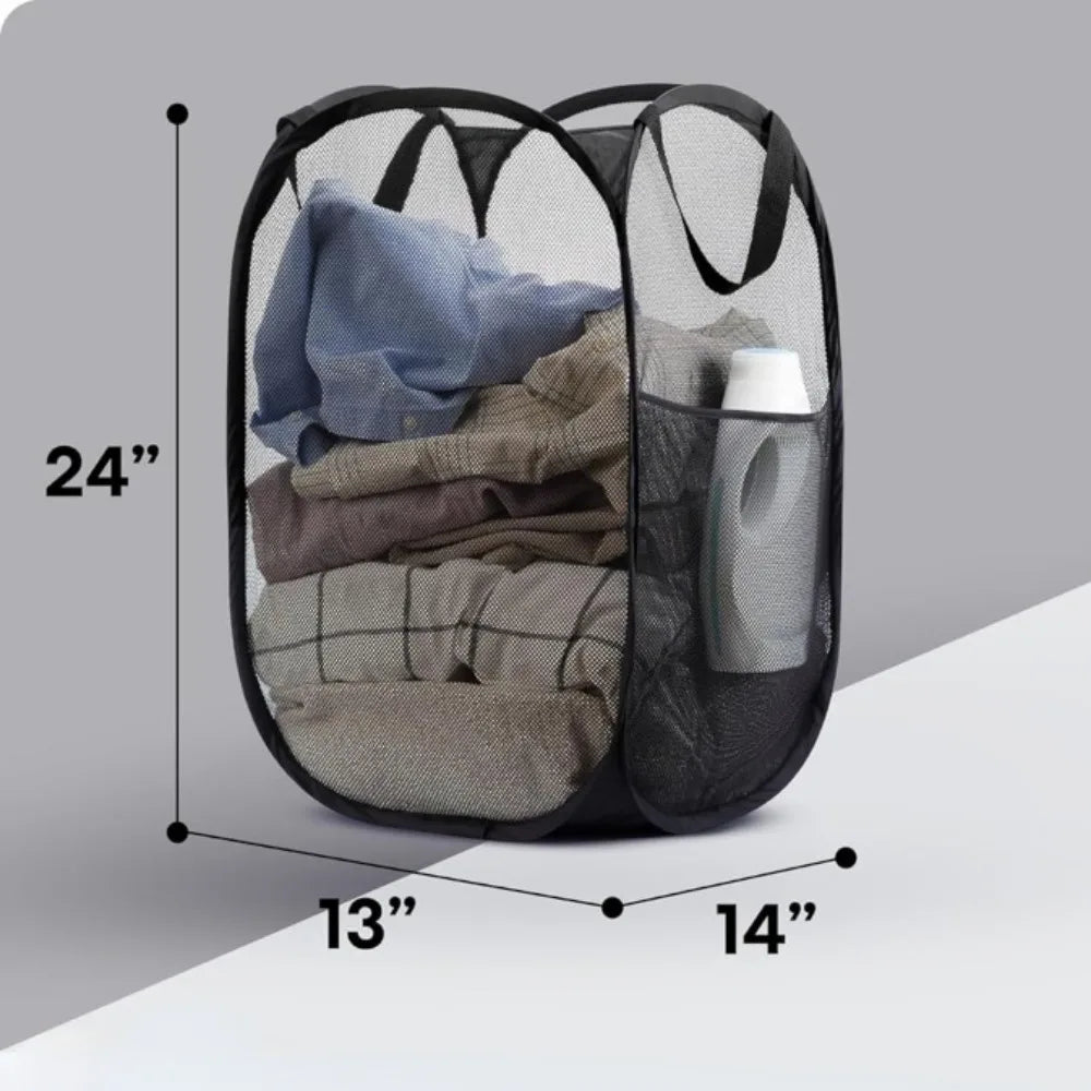 Black mesh pop-up laundry hamper filled with clothes and detergent showing 24 x 13 x 14 inch dimensions