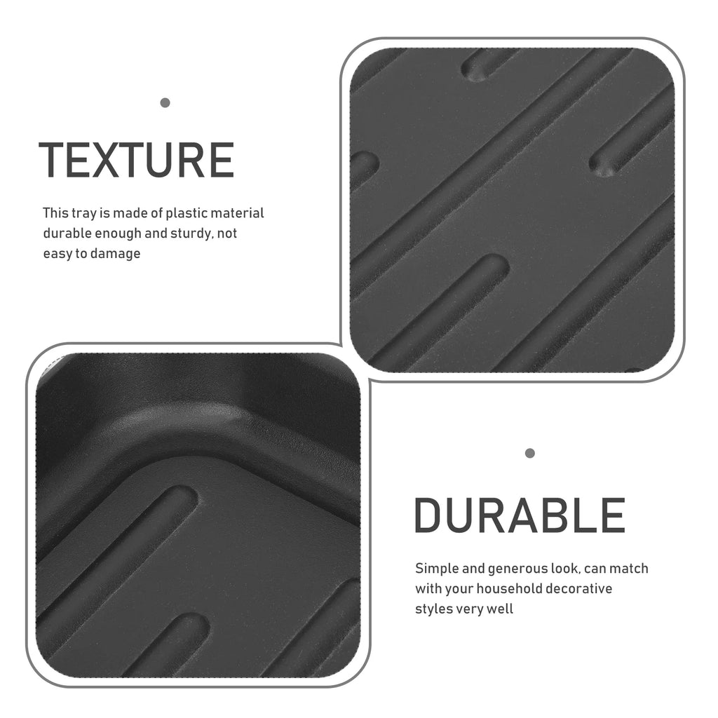 Close-up details of boot tray plastic texture and raised edges, with overlay text about durability