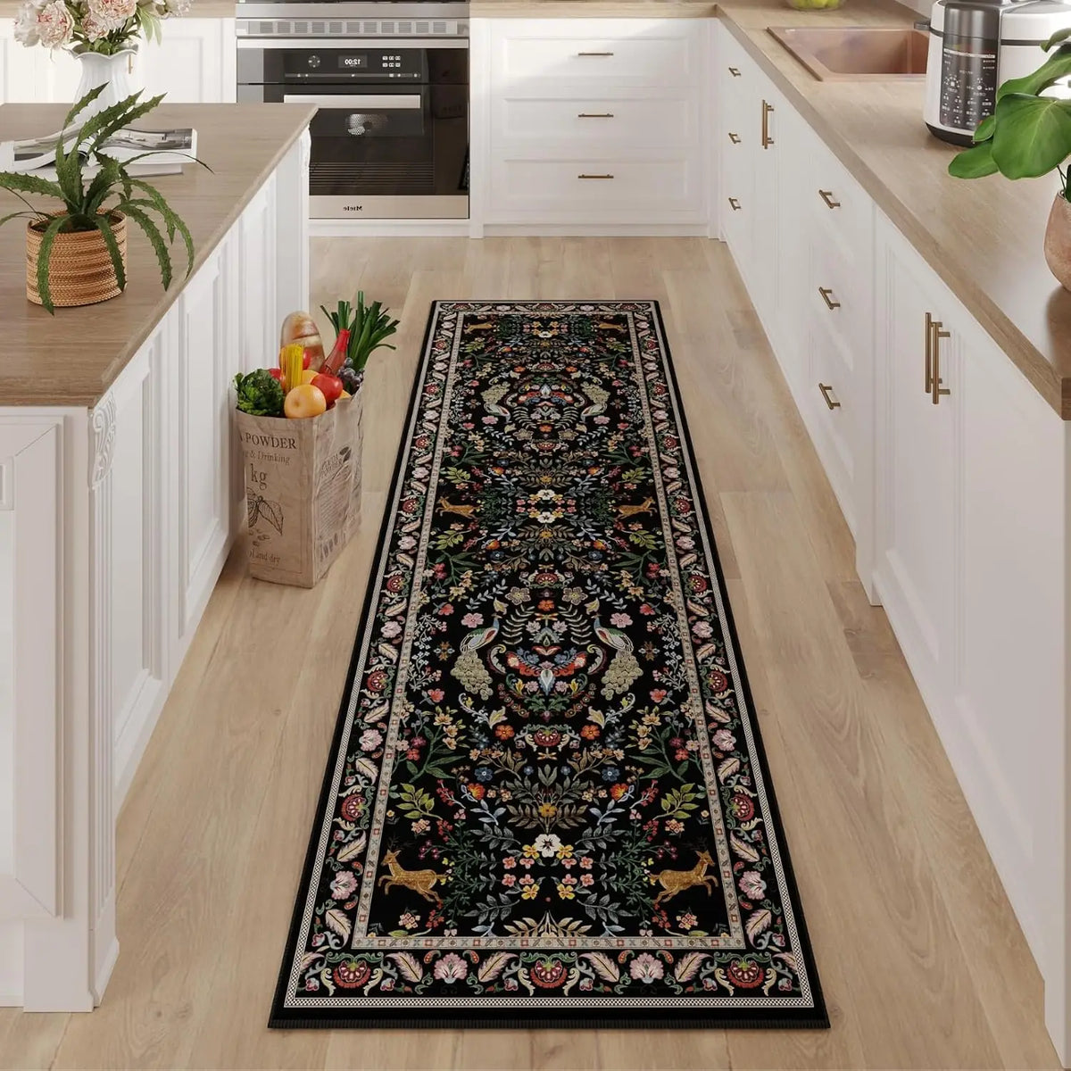 Wilton Floral Non-Slip Kitchen Runner Rug – Machine Washable, Water-Blocking, Soft Fleece, Rectangle Mat for Hallway, Laundry