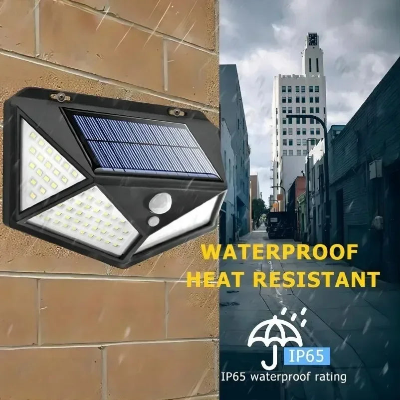 Solar wall light mounted on exterior wall in rainy weather, showing IP65 waterproof feature