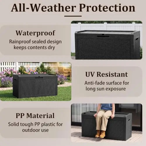 deck storage box infographics showing waterproof, UV-resistant, and seating features for patio and backyard use.