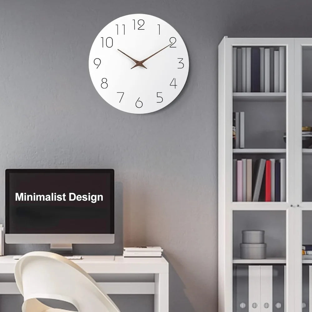 Minimalist White Wood Wall Clock, Silent Quartz, 10" or 12"