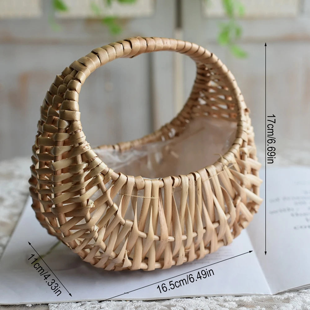 Moon-shaped rattan basket shown with size dimensions and natural finish