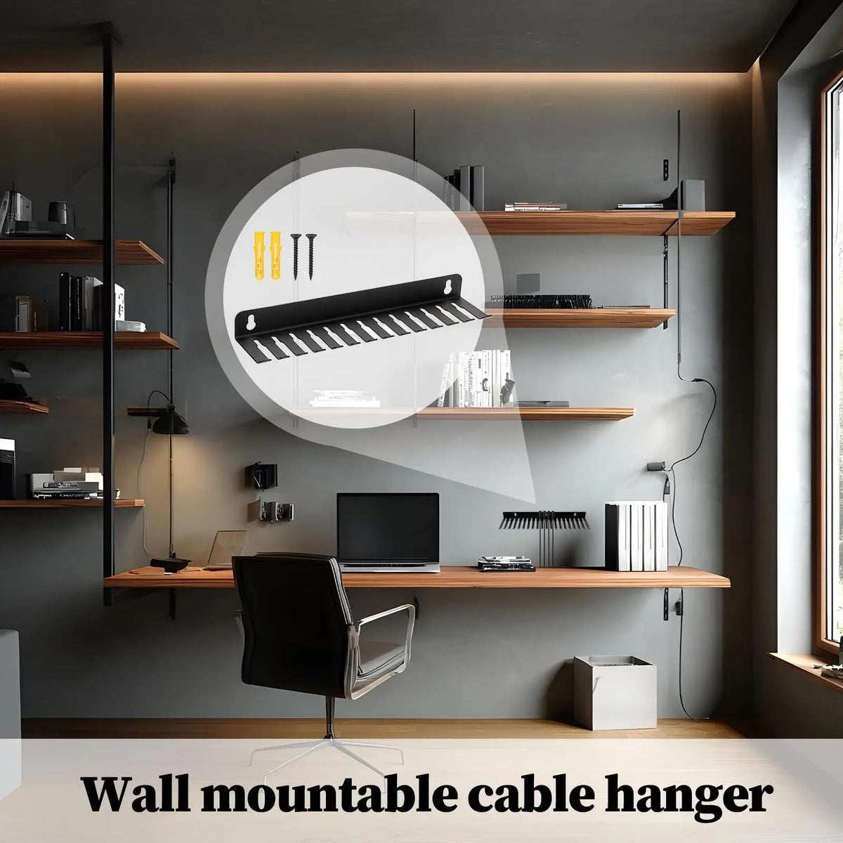 Wall-mounted cable hanger with screws and wall plugs pictured over a modern home office setup