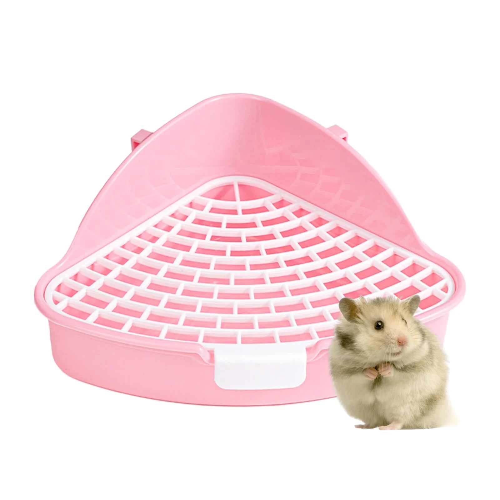 Pink corner litter tray with hamster, grid shown