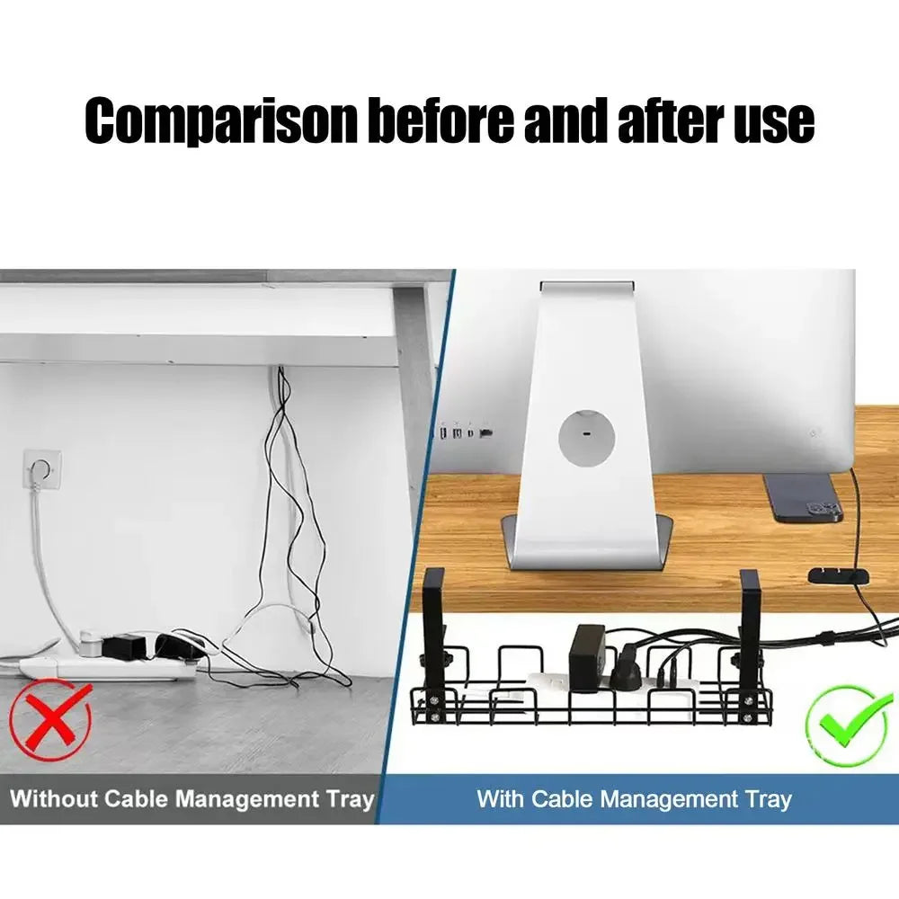 Comparison showing effect of cable management tray on visible cords under a desk