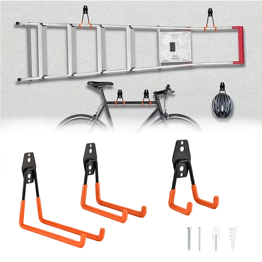 Wall-mounted heavy duty metal garage hooks organizing ladder, bicycle, and helmet