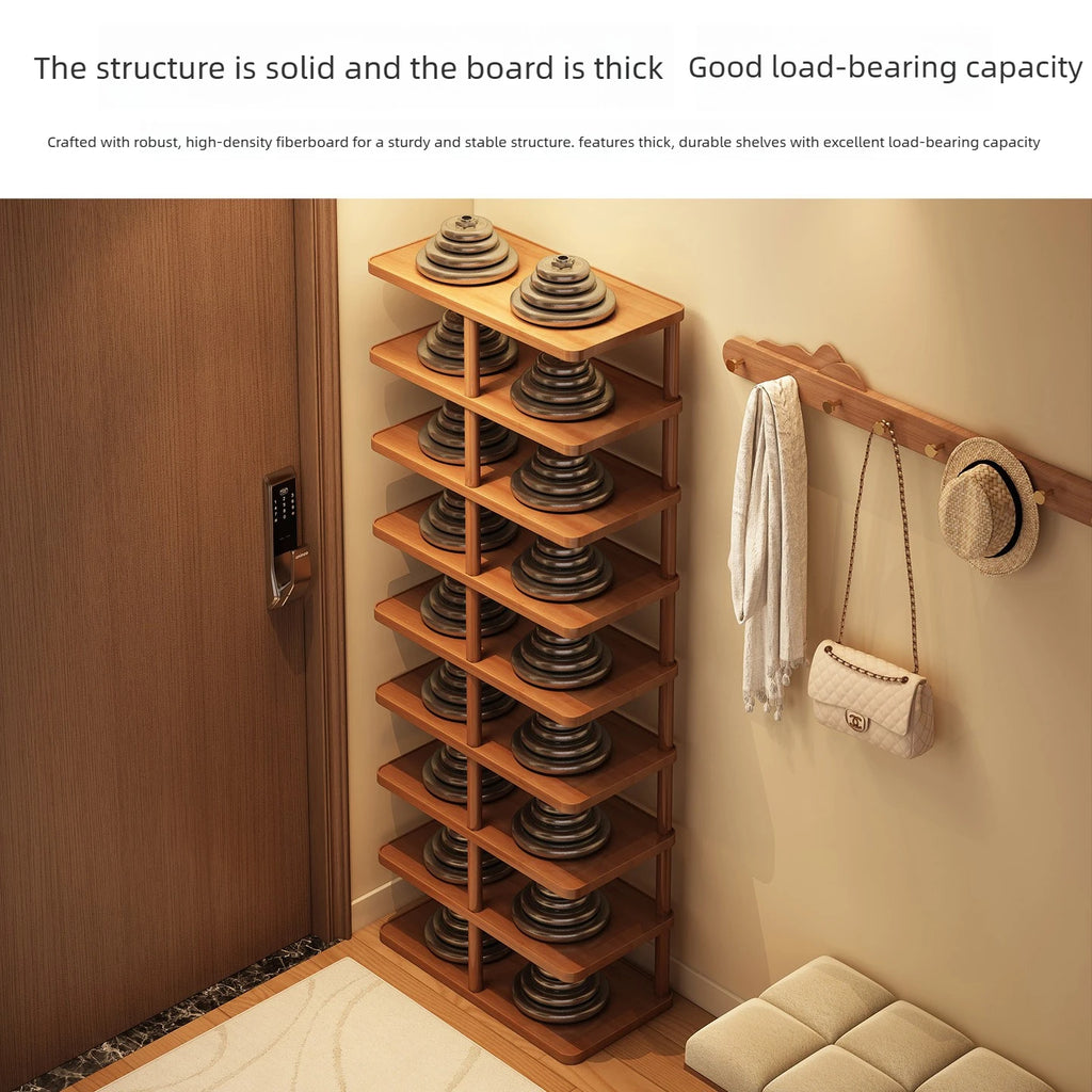 Shoe rack shown supporting heavy weights to illustrate shelf strength