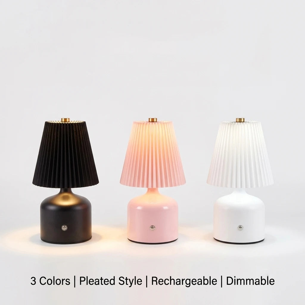 Three pleated rechargeable table lamps in black, pink, and white color options