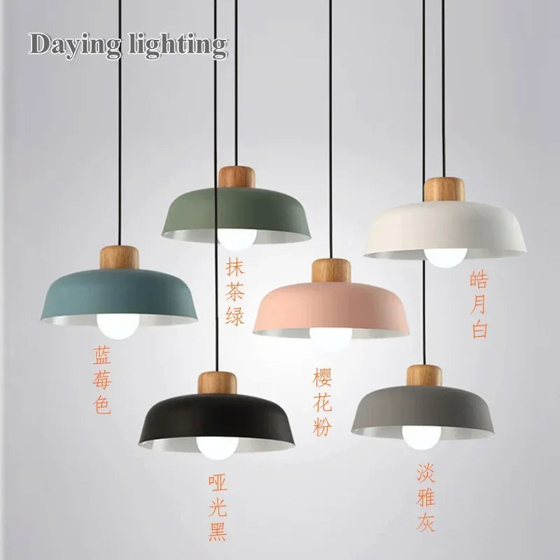 Six macaron colored dome pendant lights with multilingual labels