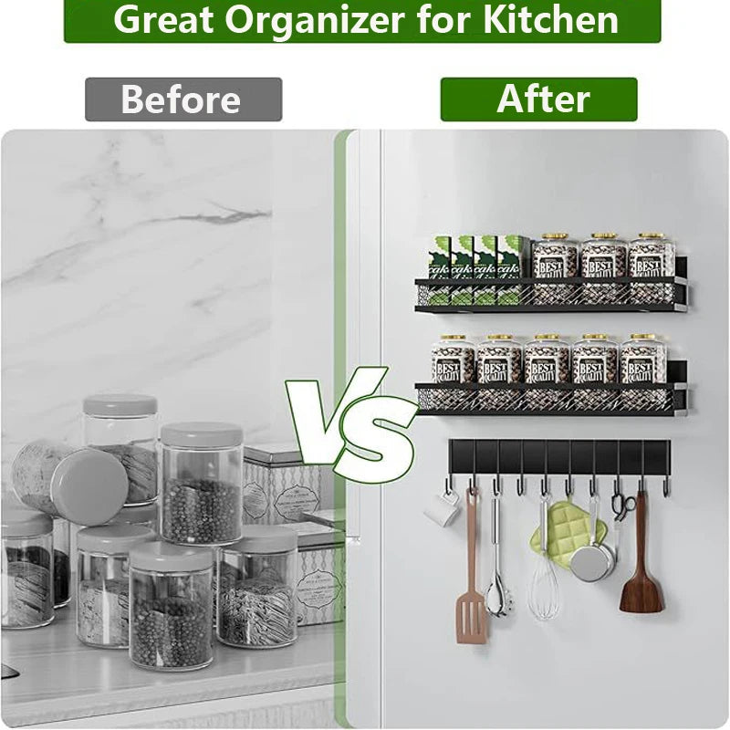 Side-by-side comparison of messy kitchen counter and tidy fridge with magnetic spice racks and hook rail organized with utensils