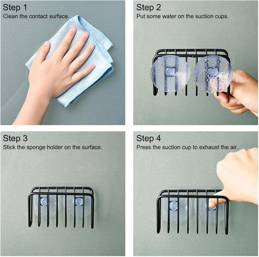 Step by step guide showing how to install the sponge holder with suction cups on a smooth surface