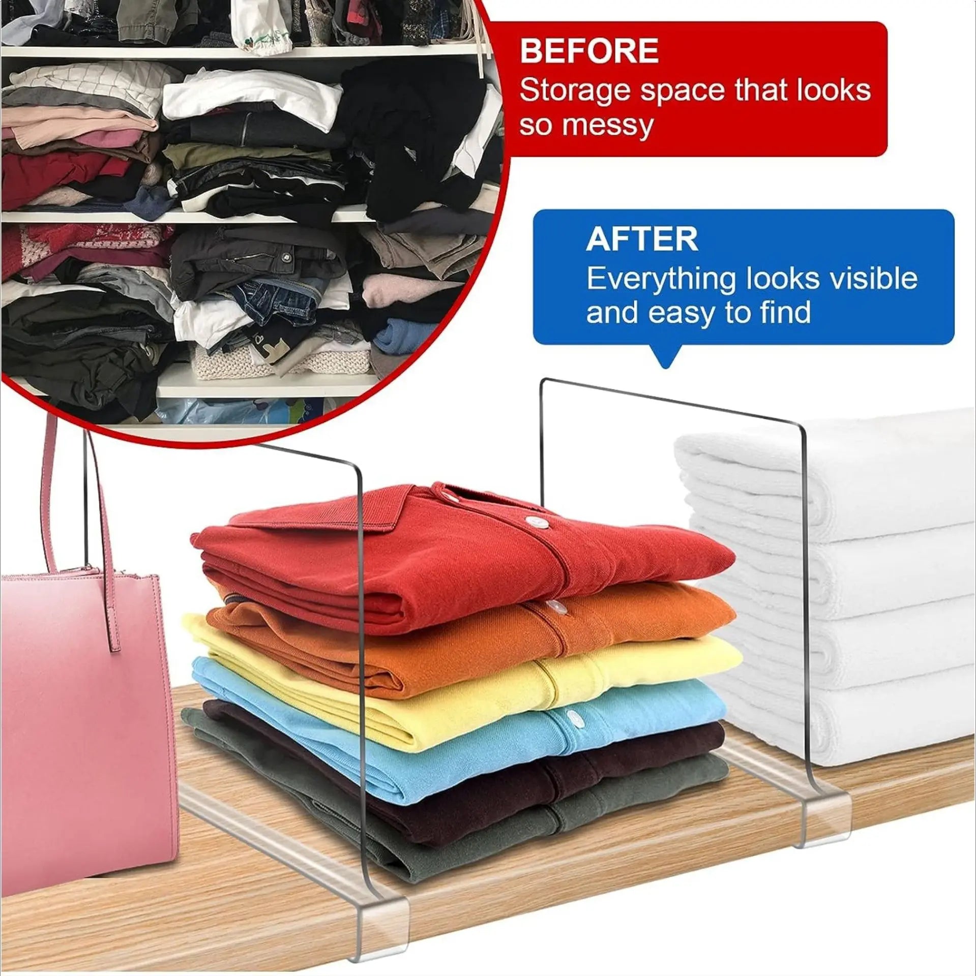 Before and after organizing a closet shelf with transparent shelf dividers for visible, tidy storage