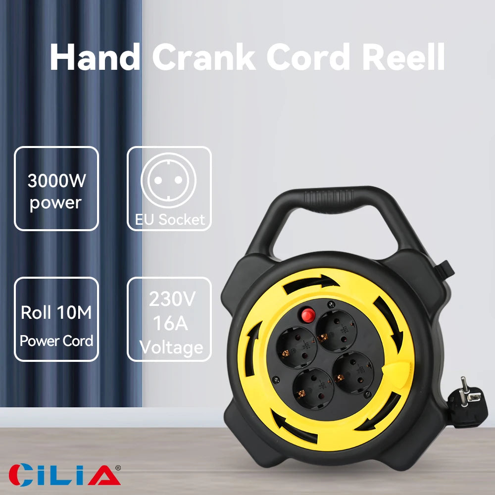 Extension cord reel with 10M cable length, EU sockets, 230V, and 3000W capacity displayed near a curtain