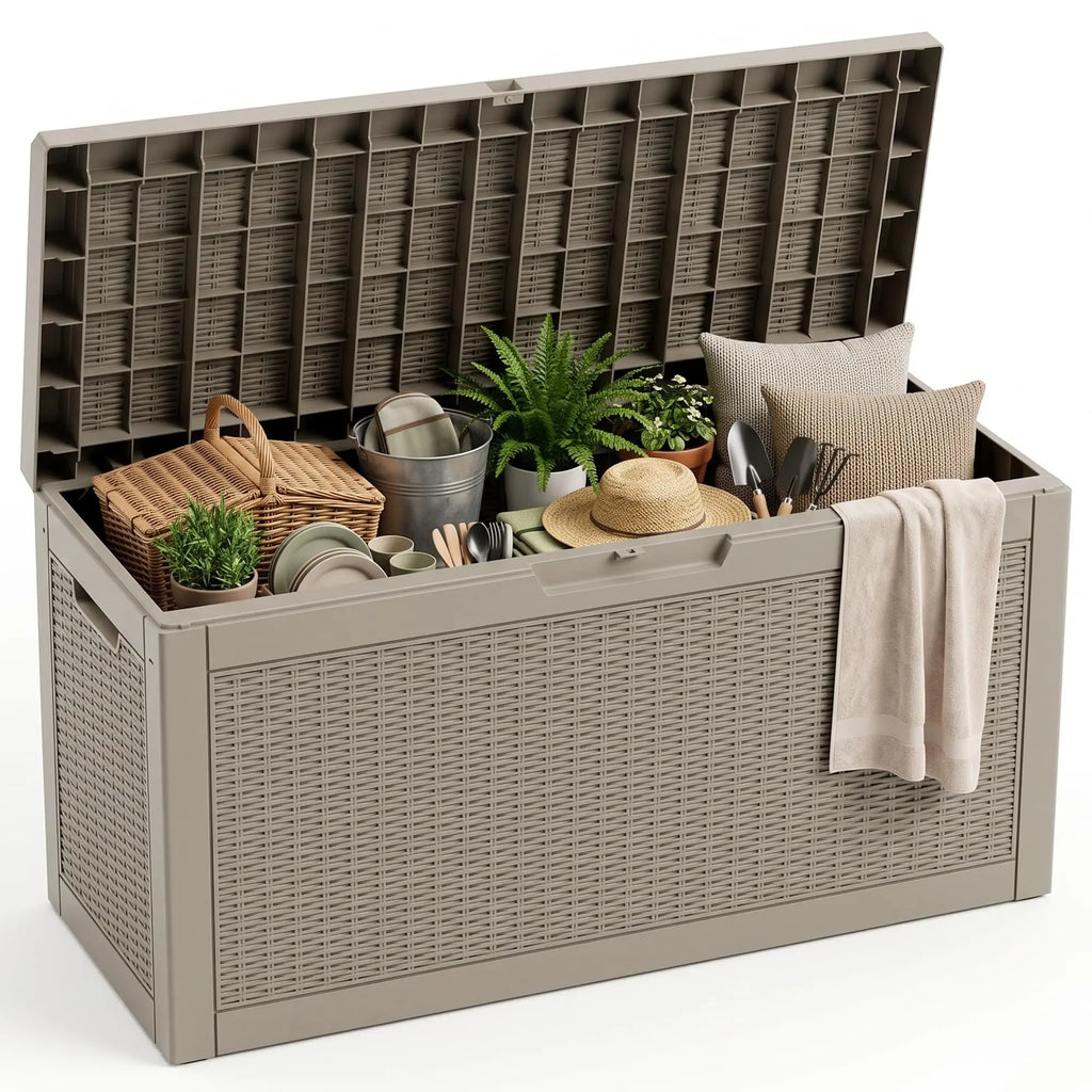 80-gallon beige resin rattan deck storage box open with garden and patio supplies neatly organized inside; features similar contents to the black version.