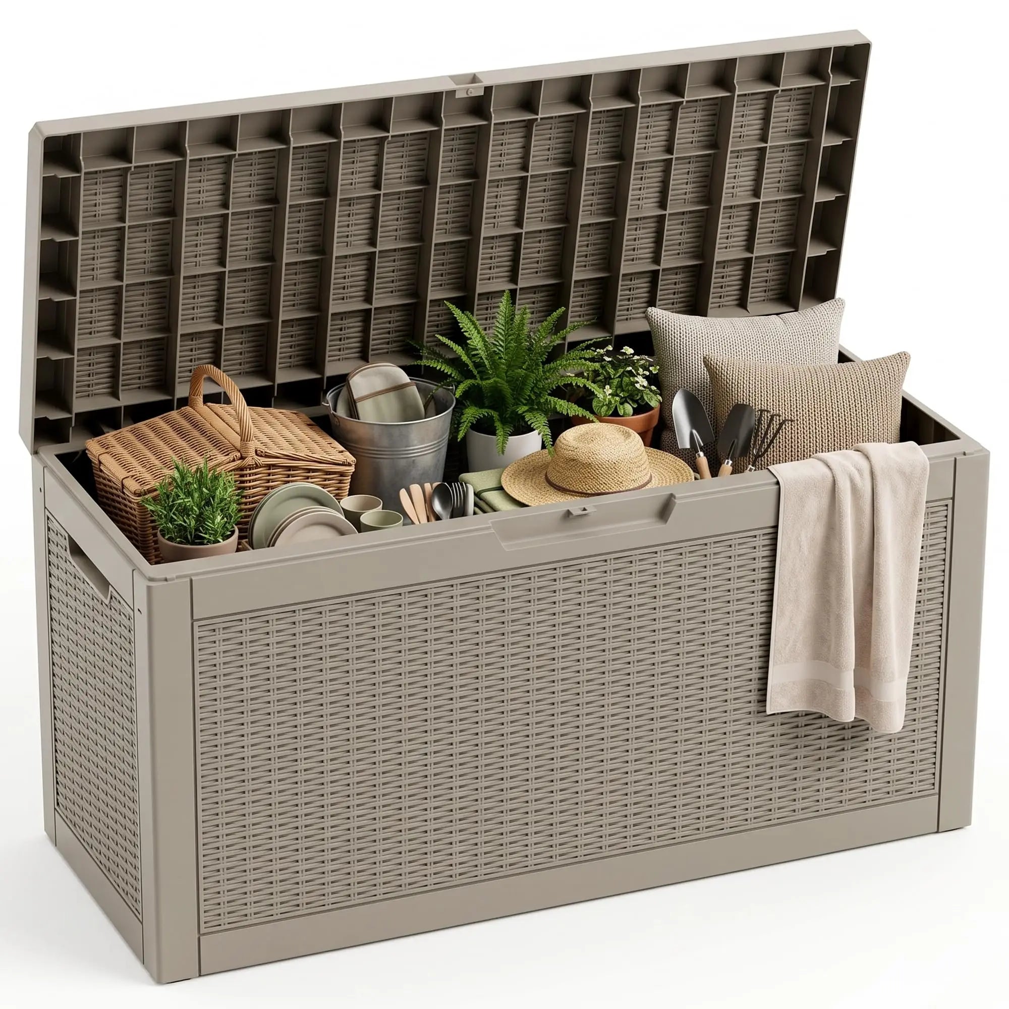 80-gallon beige resin rattan deck storage box open with garden and patio supplies neatly organized inside; features similar contents to the black version.