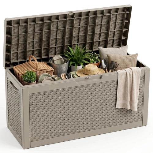 80-gallon beige resin rattan deck storage box open with garden and patio supplies neatly organized inside; features similar contents to the black version.