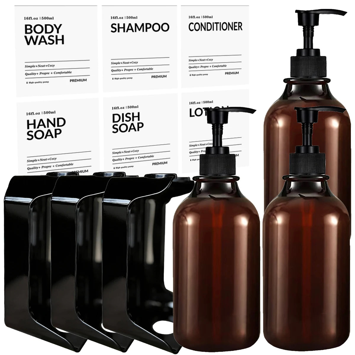 Amber Wall-Mounted Shower Soap Dispenser Set with Black Pump Bottles for Bathroom Organization