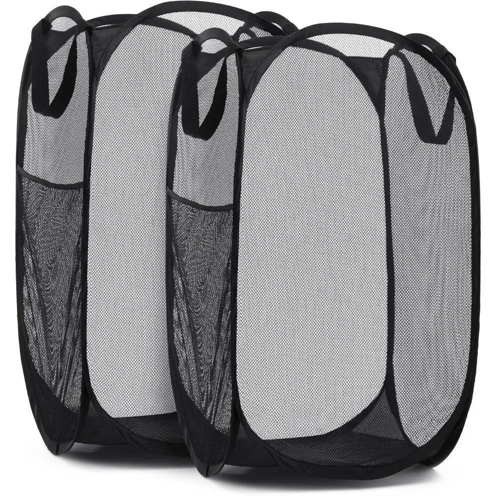 Set of two black collapsible mesh laundry hampers with reinforced handles and side pockets
