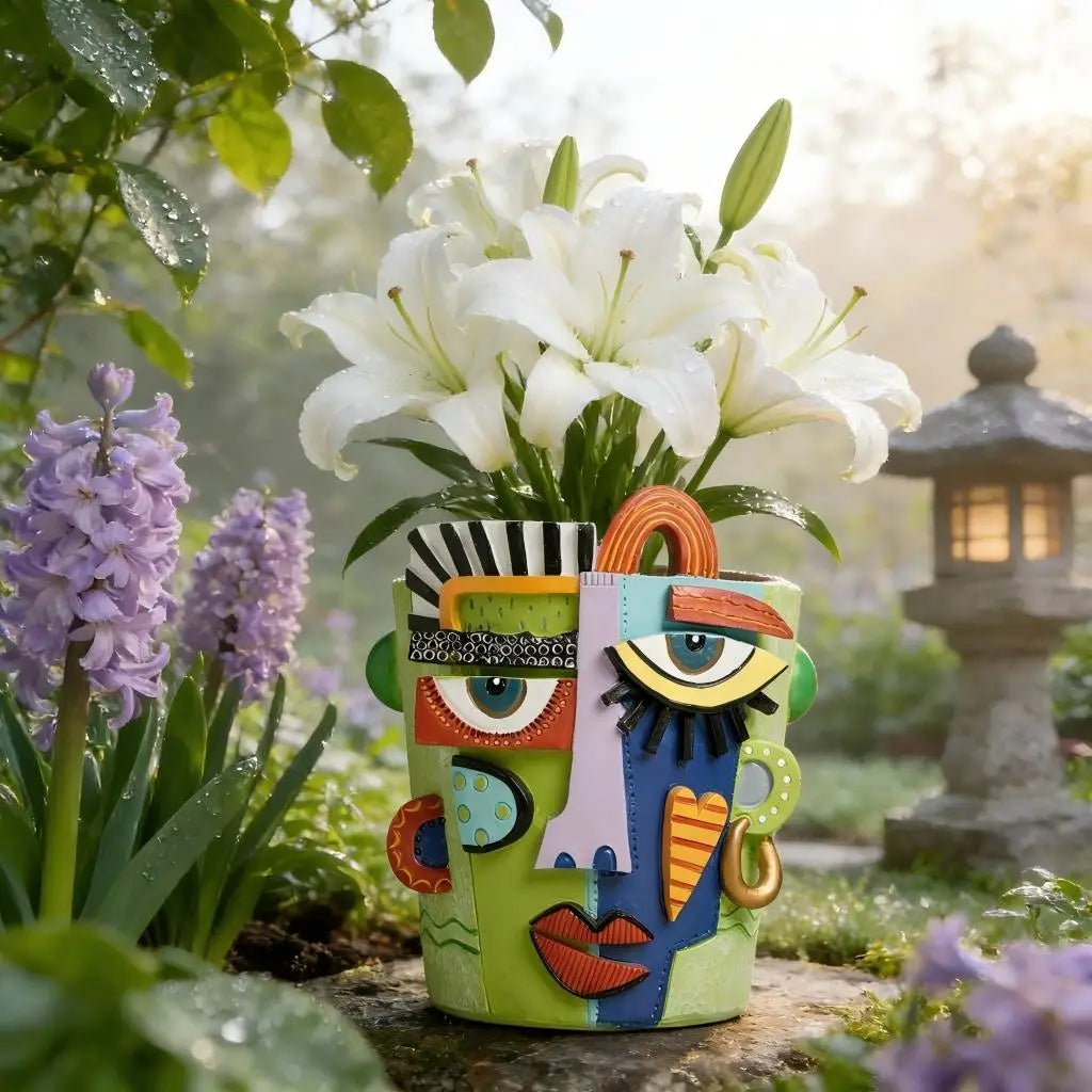 abstract face planter with white lilies and purple flowers in a garden